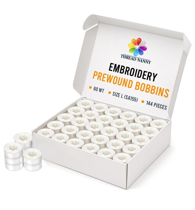 ThreadNanny 144pcs White Prewound Bobbin Thread Plastic Size L (SA155) for Brother Embroidery and Sewing Machine Polyester Thread - Image 1